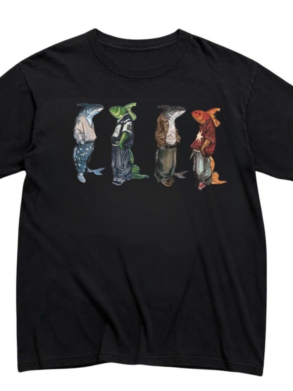 Gildan Black Tee with Colorful Shark Fish Graphic
